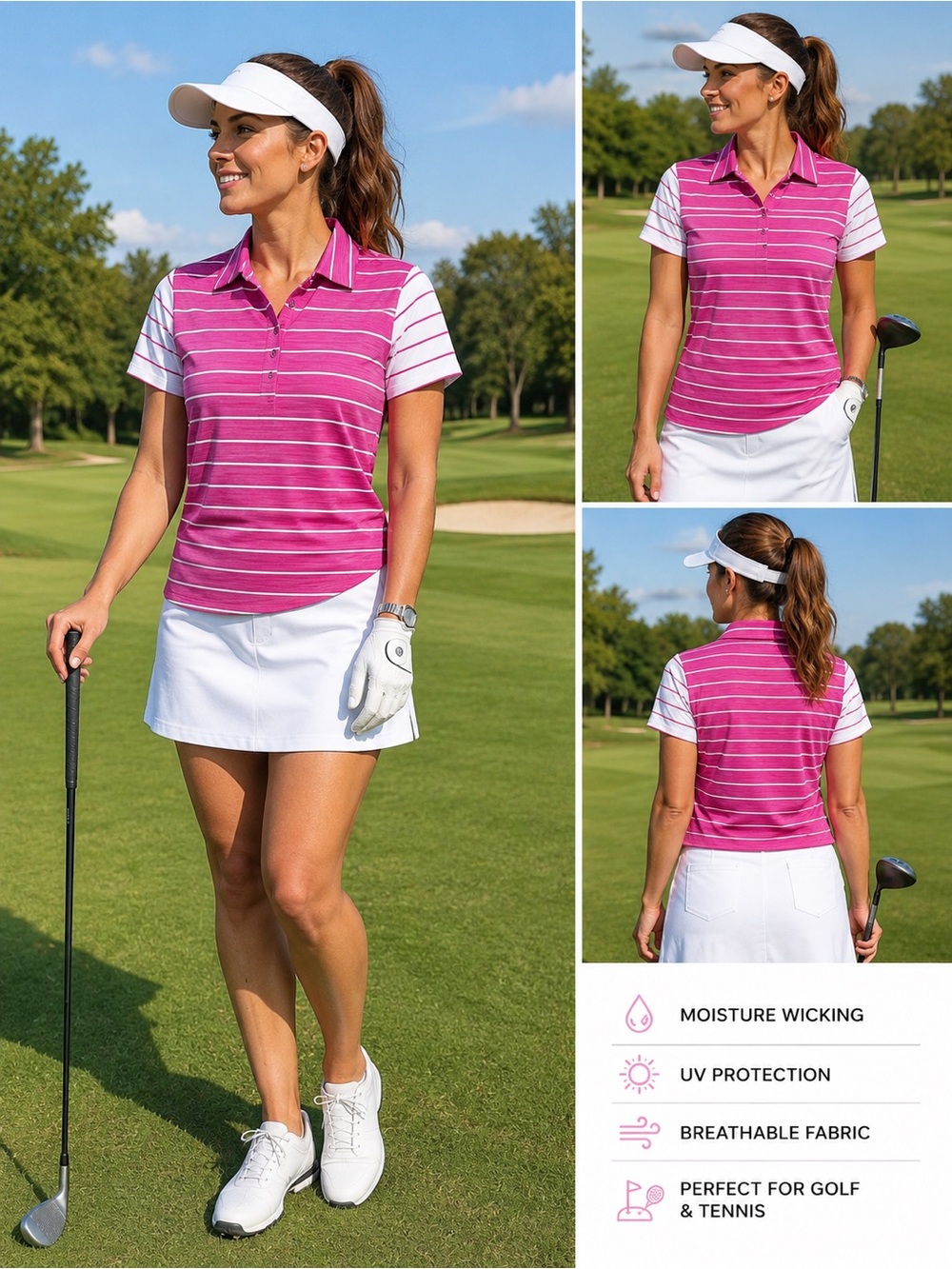 Lady Hagen Pink Striped Golf Polo
